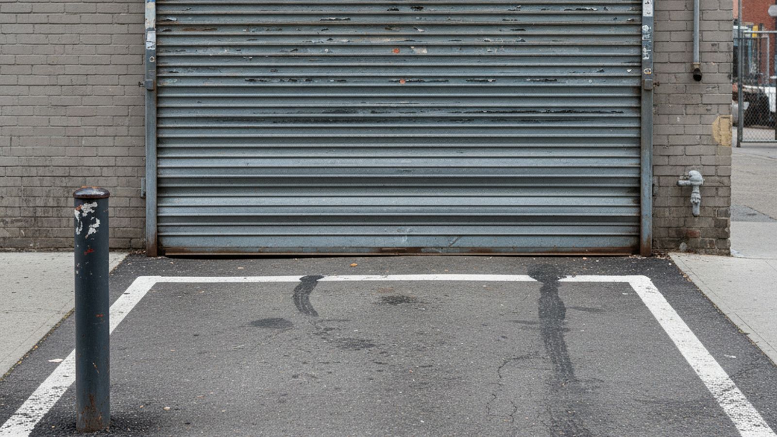 A painted loading zone marked on asphalt beside a city kerb in flat daylight, worn white line markings, a bollard and a shuttered service door behind, nothing parked in it