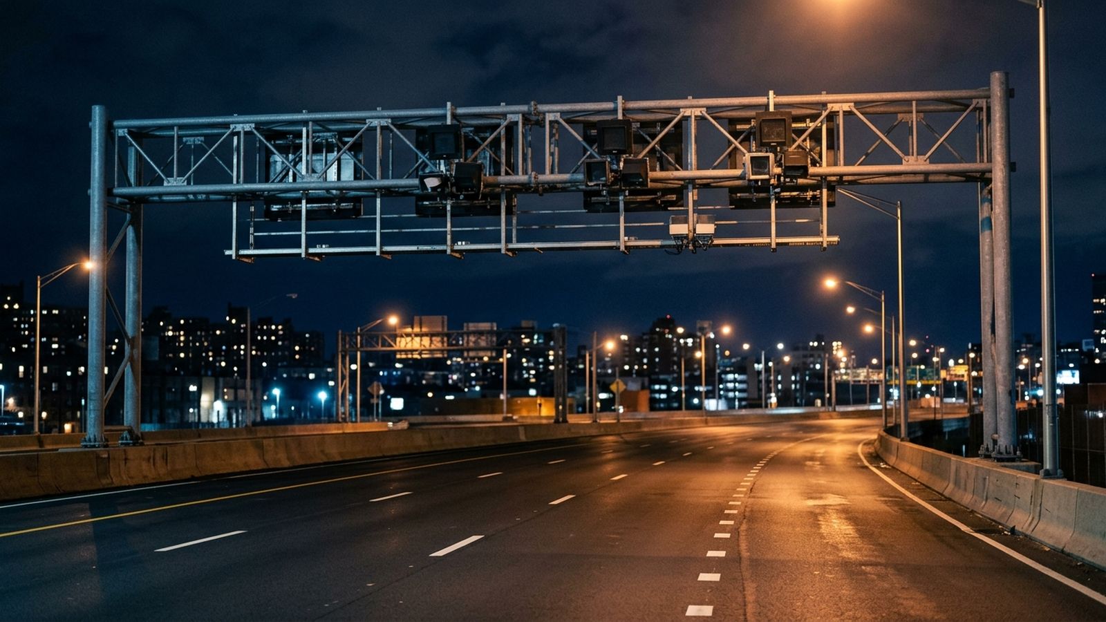 An overhead toll gantry of bare steel spanning an empty road at night with cameras mounted on it, roadway markings below, no lettering on the structure and no vehicles