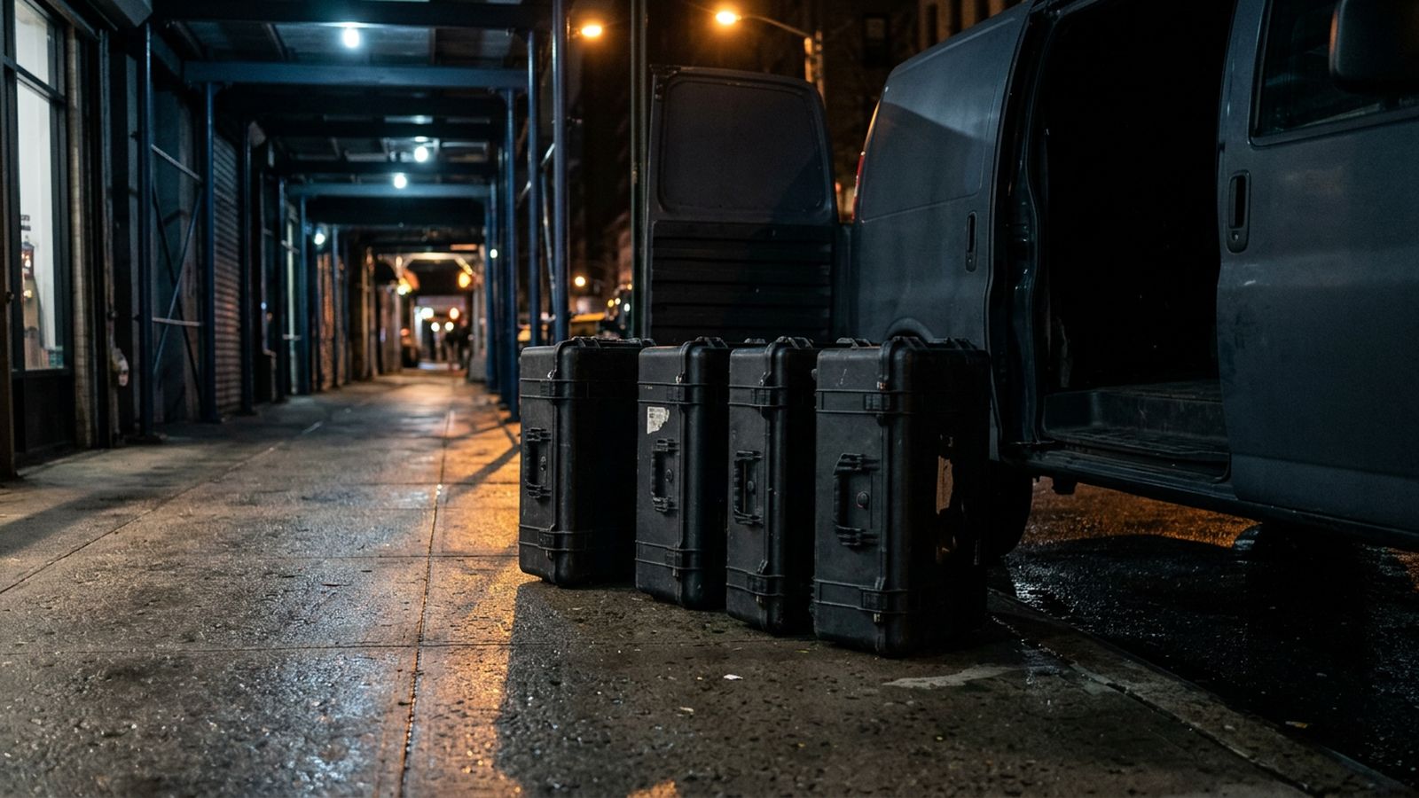 A row of black hard shell equipment cases standing on a city pavement beside an open vehicle door at night, no labels or brand marks on any case