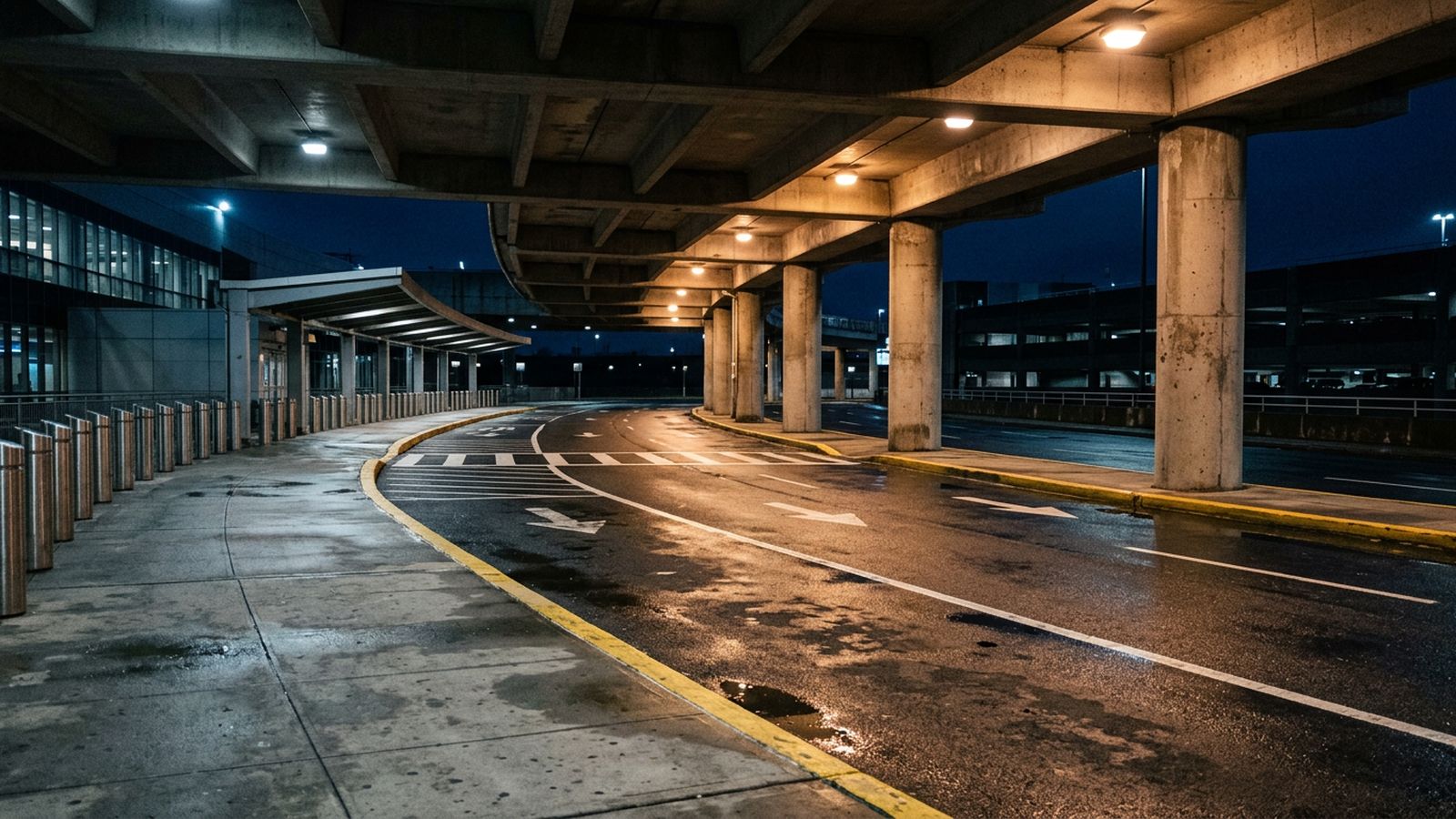 An empty kerb outside an arrivals hall before sunrise, wet asphalt reflecting overhead lighting, no people and no vehicles in frame