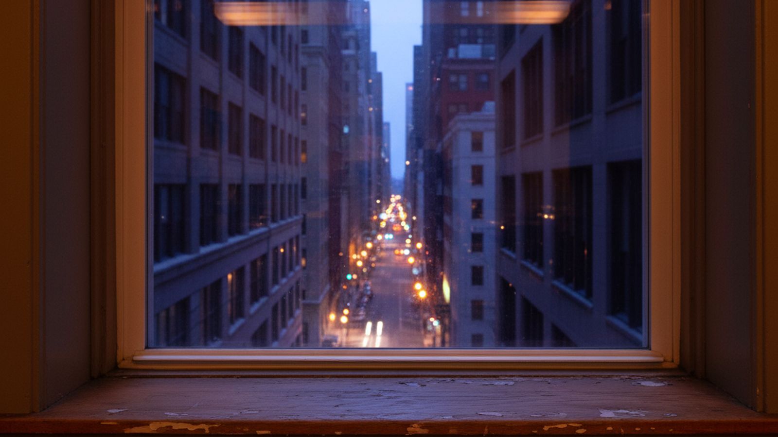 A window in an older office building looking out over a city street in late afternoon, radiator and worn sill in the foreground, no signage or brand marks visible