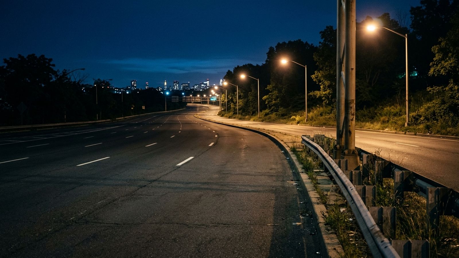 A multi lane urban parkway at night seen from the shoulder, lane markings and light poles receding into the distance, no vehicles or signage legible