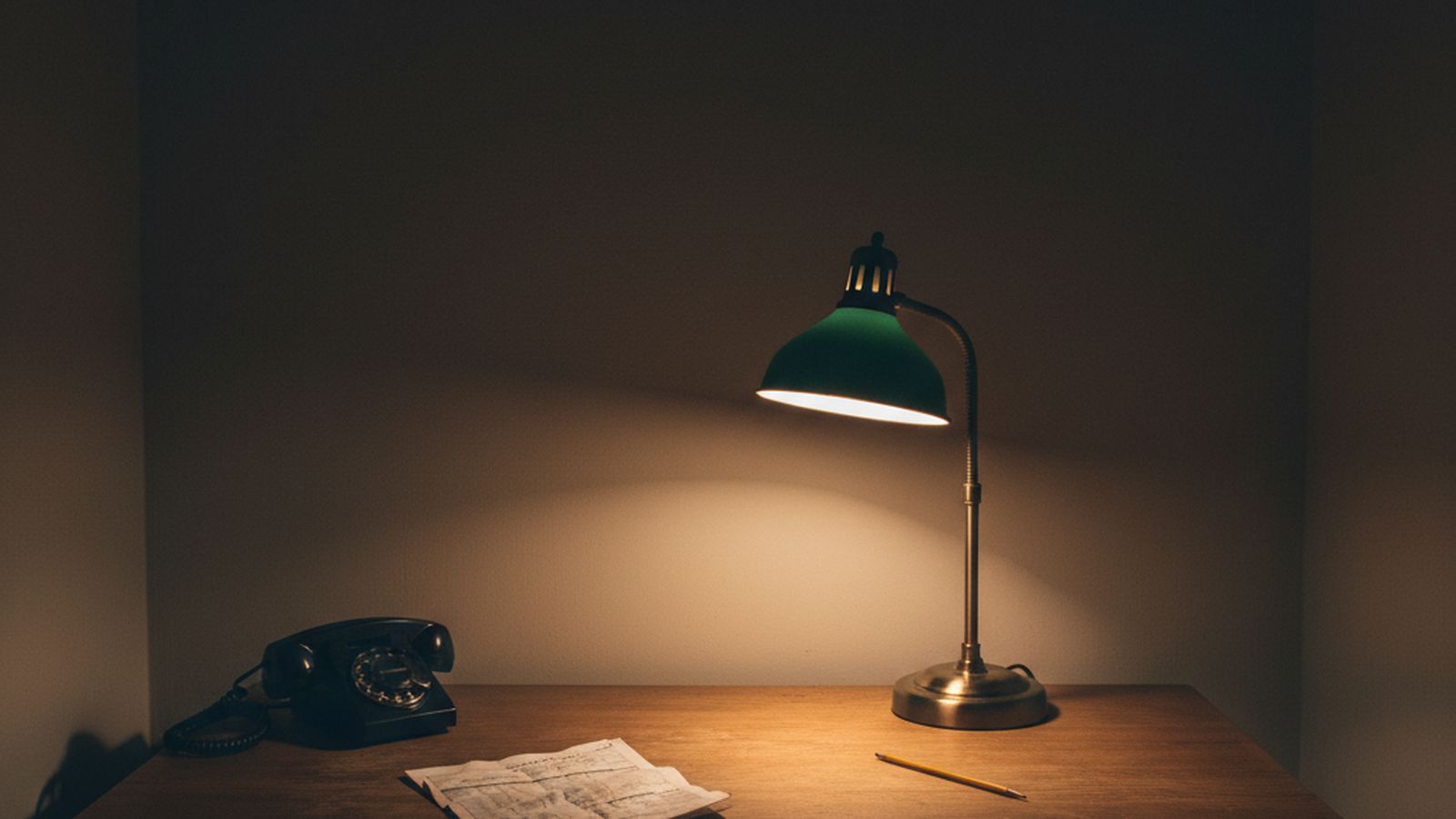 A plain desk under a work lamp with a printed schedule, a landline handset and a pencil, no screens or brand marks visible